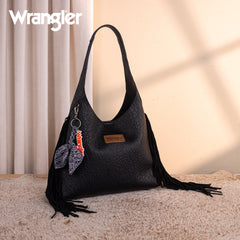 WG279-9182BK  Wrangler Fringe Floral Tooled Hobo Bag-Black