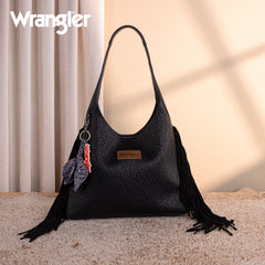 WG279-9182BK  Wrangler Fringe Floral Tooled Hobo Bag-Black