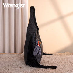 WG279-9182BK  Wrangler Fringe Floral Tooled Hobo Bag-Black