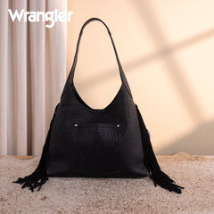 WG279-9182BK  Wrangler Fringe Floral Tooled Hobo Bag-Black