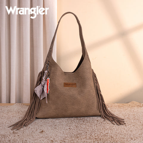 WG279-9182KH  Wrangler Fringe Floral Tooled Hobo Bag-Khaki