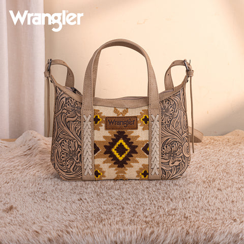 WG226-8605  Wrangler Tooled Aztec Pattern Print Tote/Crossbody -Tan