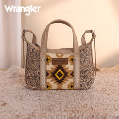 WG226-8605  Wrangler Tooled Aztec Pattern Print Tote/Crossbody -Tan
