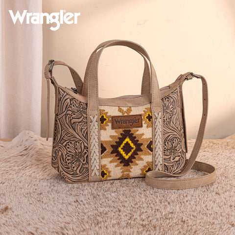 WG226-8605  Wrangler Tooled Aztec Pattern Print Tote/Crossbody -Tan