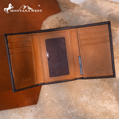 MWS-1006  Montana West Genuine Leather Tooled Tri-Fold  RFID Wallet