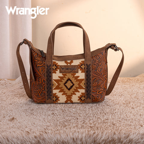 WG226-8605  Wrangler Tooled Aztec Pattern Print Tote/Crossbody -Brown