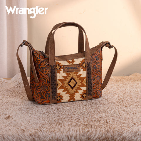 WG226-8605  Wrangler Tooled Aztec Pattern Print Tote/Crossbody -Brown