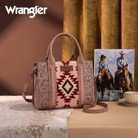 WG226-8120  Wrangler Tooled Aztec Pattern Print Concealed Carry Tote/Crossbody -Dark Pink