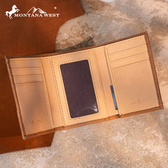 MWS-1006  Montana West Genuine Leather Tooled Tri-Fold  RFID Wallet