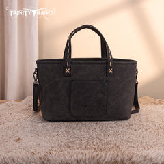TR199-8122  Trinity Ranch Genuine Hair-On Cowhide Tooled Tote/Crossbody