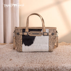 TR199-8122  Trinity Ranch Genuine Hair-On Cowhide Tooled Tote/Crossbody