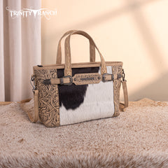 TR199-8122  Trinity Ranch Genuine Hair-On Cowhide Tooled Tote/Crossbody