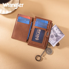 WG338-W099   Wrangler Floral Embossed Bi-fold Wallet with Key Ring - Brown