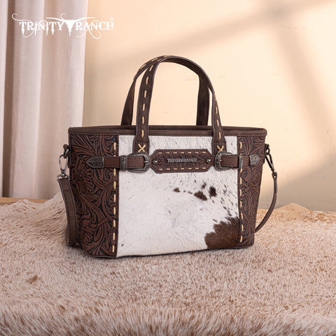 TR199-8122  Trinity Ranch Genuine Hair-On Cowhide Tooled Tote/Crossbody