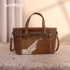 TR199-8122  Trinity Ranch Genuine Hair-On Cowhide Tooled Tote/Crossbody