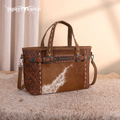 TR199-8122  Trinity Ranch Genuine Hair-On Cowhide Tooled Tote/Crossbody