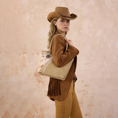 MW1365-8005TN   Montana West Tooled & Cowhide Whipstitch Tote Bag - Tan