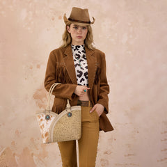 MW1365-8005TN   Montana West Tooled & Cowhide Whipstitch Tote Bag - Tan