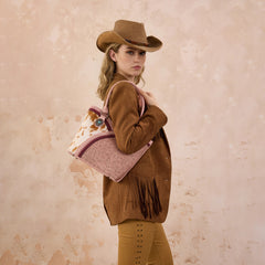 MW1365-8005PK  Montana West Tooled & Cowhide Whipstitch Tote Bag - Pink