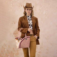 MW1365-8005PK  Montana West Tooled & Cowhide Whipstitch Tote Bag - Pink