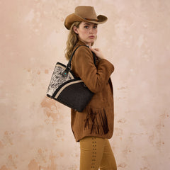 MW1365-8005BK Montana West Tooled & Cowhide Whipstitch Tote Bag - Black