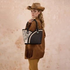 MW1365-8005BK Montana West Tooled & Cowhide Whipstitch Tote Bag - Black