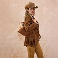 MW1365-8005BR  Montana West Tooled & Cowhide Whipstitch Tote Bag - Brown