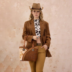 MW1365-8005BR  Montana West Tooled & Cowhide Whipstitch Tote Bag - Brown