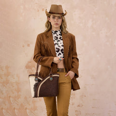 MW1365-8005CF  Montana West Tooled & Cowhide Whipstitch Tote Bag - Coffee
