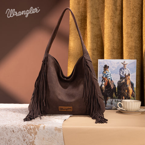 WG244-9182  Wrangler Fringe Studded Hobo Bag- Coffee