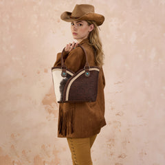 MW1365-8005CF  Montana West Tooled & Cowhide Whipstitch Tote Bag - Coffee