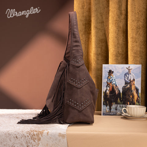 WG244-9182  Wrangler Fringe Studded Hobo Bag- Coffee
