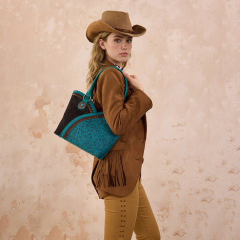 MW1365-8005TQ   Montana West Tooled & Cowhide Whipstitch Tote Bag - Turquoise