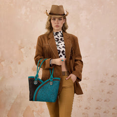 MW1365-8005TQ   Montana West Tooled & Cowhide Whipstitch Tote Bag - Turquoise