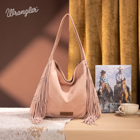WG244-9182  Wrangler Fringe Studded Hobo Bag- Dark Pink