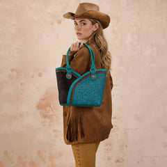 MW1365-8005TQ   Montana West Tooled & Cowhide Whipstitch Tote Bag - Turquoise