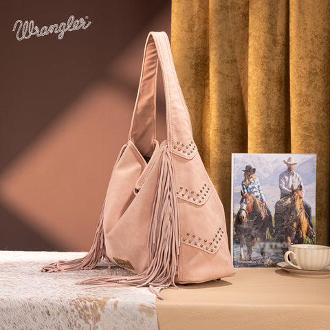 WG244-9182  Wrangler Fringe Studded Hobo Bag- Dark Pink