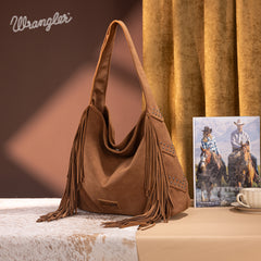 WG244-9182  Wrangler Fringe Studded Hobo Bag- Brown