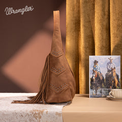 WG244-9182  Wrangler Fringe Studded Hobo Bag- Brown