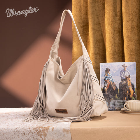 WG244-9182  Wrangler Fringe Studded Hobo Bag- Beige