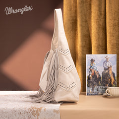 WG244-9182  Wrangler Fringe Studded Hobo Bag- Beige