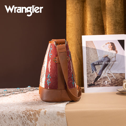WG213-2003  Wrangler Aztec Distressed Print Dual Sided Print Concealed Carry Crossbody-Brown