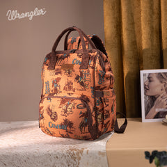 WG60-9110 Wrangler Vintage Retro Cowboy Cool Print Backpack -Dark Brown