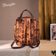 WG60-9110 Wrangler Vintage Retro Cowboy Cool Print Backpack -Dark Brown