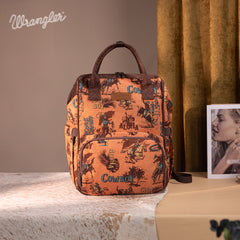 WG60-9110 Wrangler Vintage Retro Cowboy Cool Print Backpack -Dark Brown