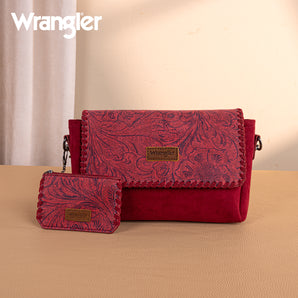 WG277-236BDY Wrangler Vintage Floral Printed Crossbody Bag with Small Pouch - Burgundy