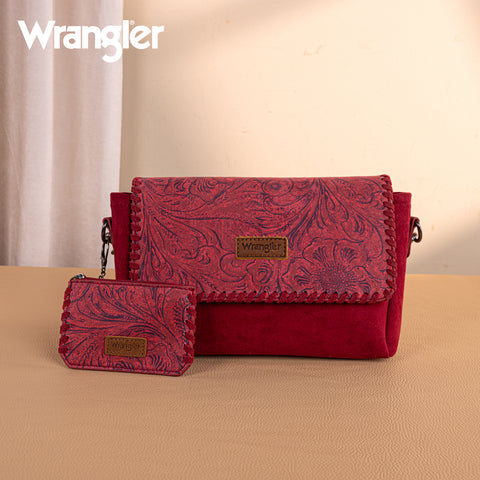 WG277-236BDY   Wrangler Vintage Floral Printed Crossbody Bag with Small Pouch- Burgundy