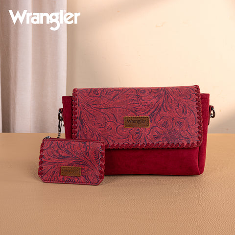 WG277-236BDY   Wrangler Vintage Floral Printed Crossbody Bag with Small Pouch- Burgundy