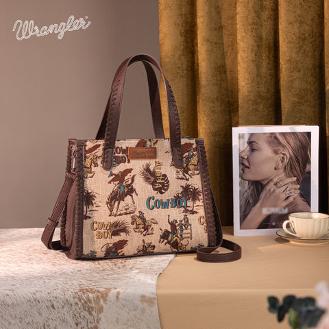 WG60G-8317 Wrangler Vintage Retro Cowboy Cool Print Concealed Carry Satchel/Crossbody -Tan
