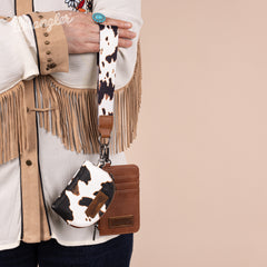 WG133-W0051  Wrangler Cow Print Dual Pouch Wristlet -Brown